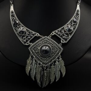 TRIBAL Style Feather Dangle Breastplate Necklace in Pewter Tone